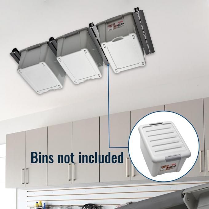 Stocked Heavy Duty Ceiling Container Bin Rack for 3 Bins Ceiling Garage ...